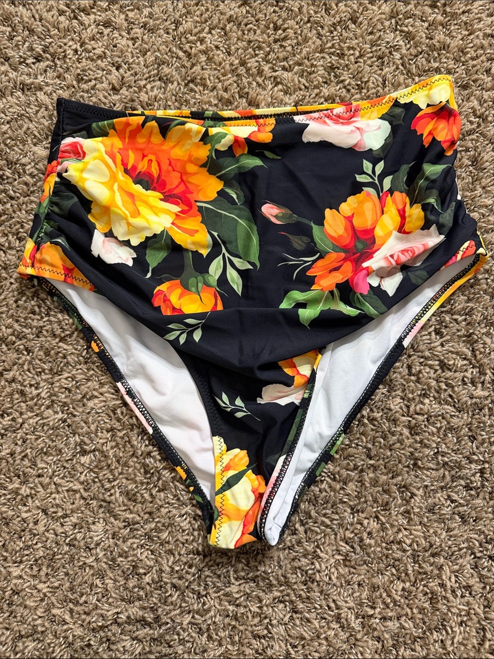 Cupshe Black High-Waist Floral Bikini Bottoms with Yellow & Orange Blooms
